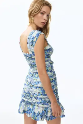 Robe froncée à volant - Bleu/fleuri — photo 3