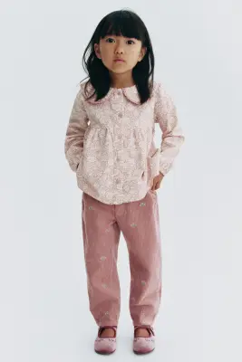Pantalon en velours côtelé avec motifs brodés - Vieux rose/fleurs — photo 1