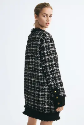 Robe à boutons en tissu bouclette - Noir/carreaux — photo 4