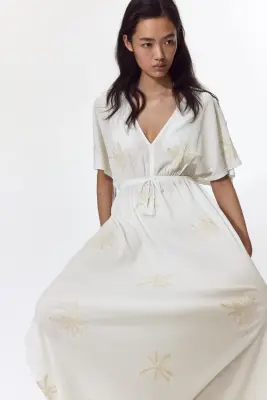 Embroidered drawstring dress - Crème/motif — photo 1