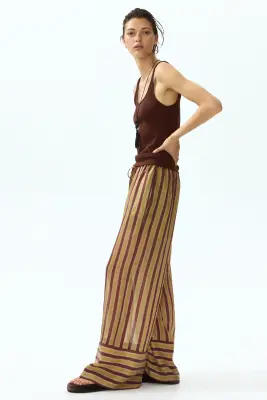 Pantalon à cordon en lyocell mélangé - Beige foncé/rayé — photo 3