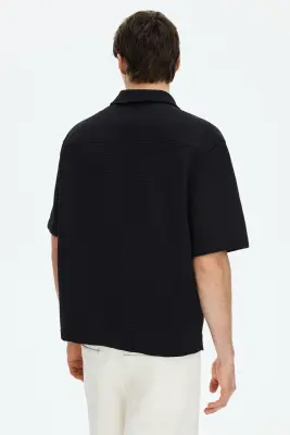 Chemise gaufrée Relaxed Fit avec col cubain - Noir — photo 3