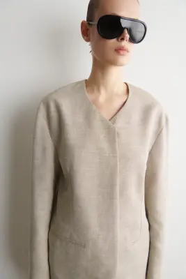 BLAZER STRUCTURÉ EN LIN SANS COL - BEIGE CHINÉ — photo 3