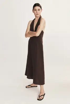 Robe dos nu en lin - Marron foncé — photo 2