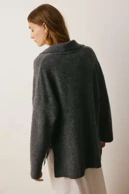 Pull en maille fine avec col - Gris foncé chiné — photo 2
