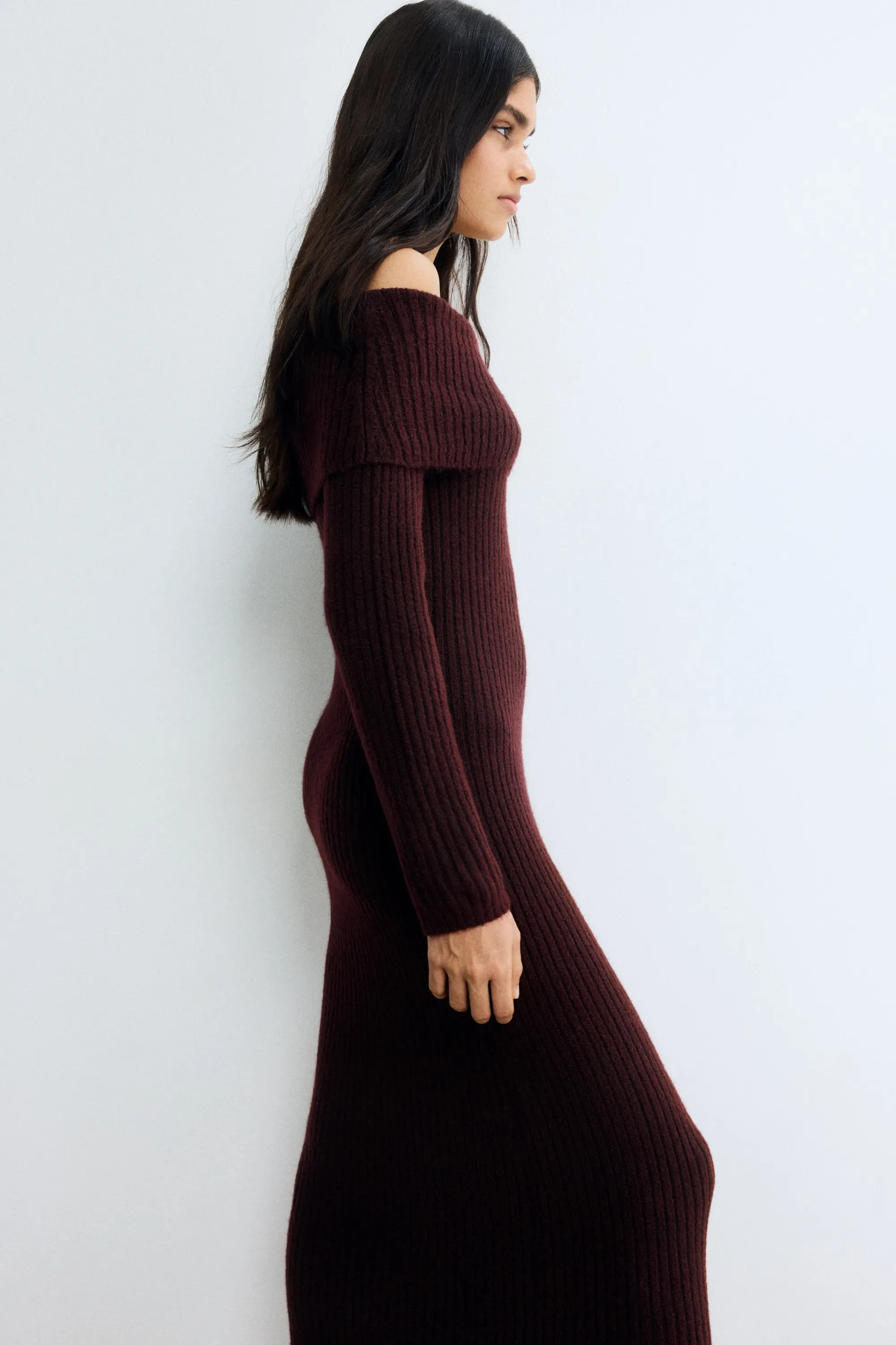 Robe épaules nues en maille côtelée - Bordeaux