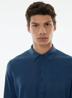 Chemise Bleue Manches Longues en Lin / Elasthanne