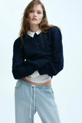 Pull en maille pointelle - Bleu marine — photo 2