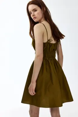 Robe en coton avec bretelles à nouer - Vert kaki foncé — photo 3