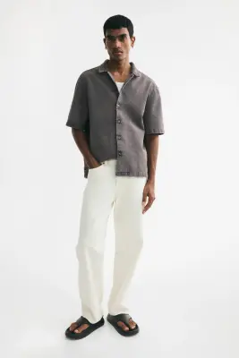 Chemise gaufrée Relaxed Fit avec col cubain - Gris foncé — photo 2