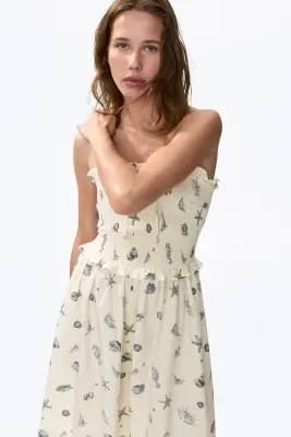 Robe bandeau avec corsage smocké - Crème/coquillages — photo 2