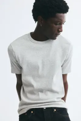 T-shirt côtelé Slim Fit - Gris clair chiné — photo 2