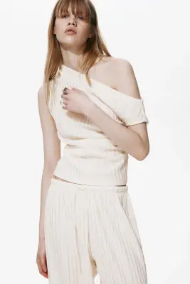 Pantalon texturé à jambes ballon - Crème — photo 3