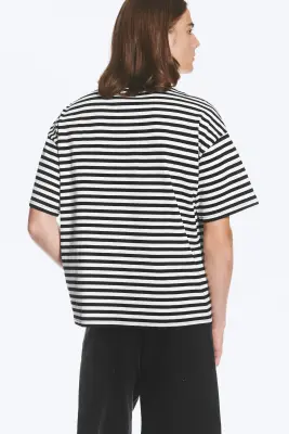 T-SHIRT COUPE AMPLE - Rayé Blanc/Noir — photo 3