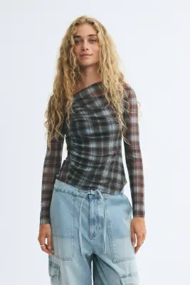 Top asymétrique en mesh - Marron/carreaux — photo 2