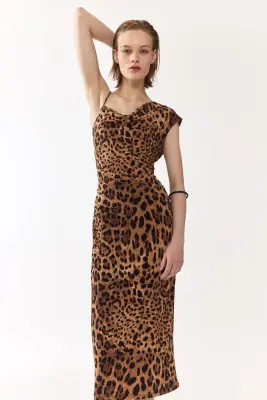 Robe asymétrique en jersey - Beige foncé/imprimé léopard — photo 2
