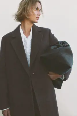 Manteau en laine mélangée avec ceinture à nouer - Marron foncé — photo 1