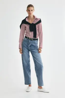 Chemise ajustée - Rouge foncé/rayures crème — photo 1