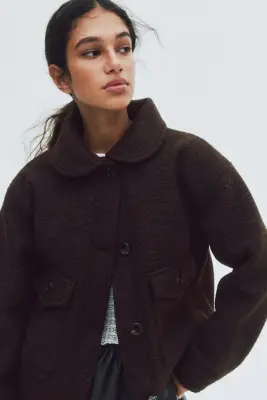 Veste en twill avec col duveteux - Marron foncé — photo 2