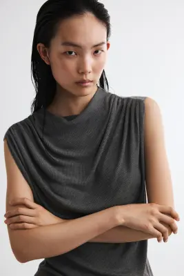 Top à effet drapé en maille - Gris foncé chiné — photo 2
