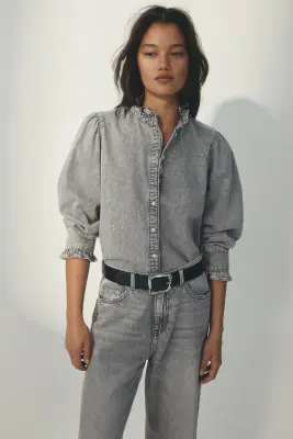 Frill-trimmed denim blouse - Gris — photo 2