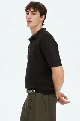 Polo Regular Fit en maille torsadée - Marron foncé — photo 4