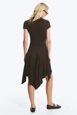 Robe Mi‑Longue Asymétrique À Col Montant - Marron foncé — photo 3