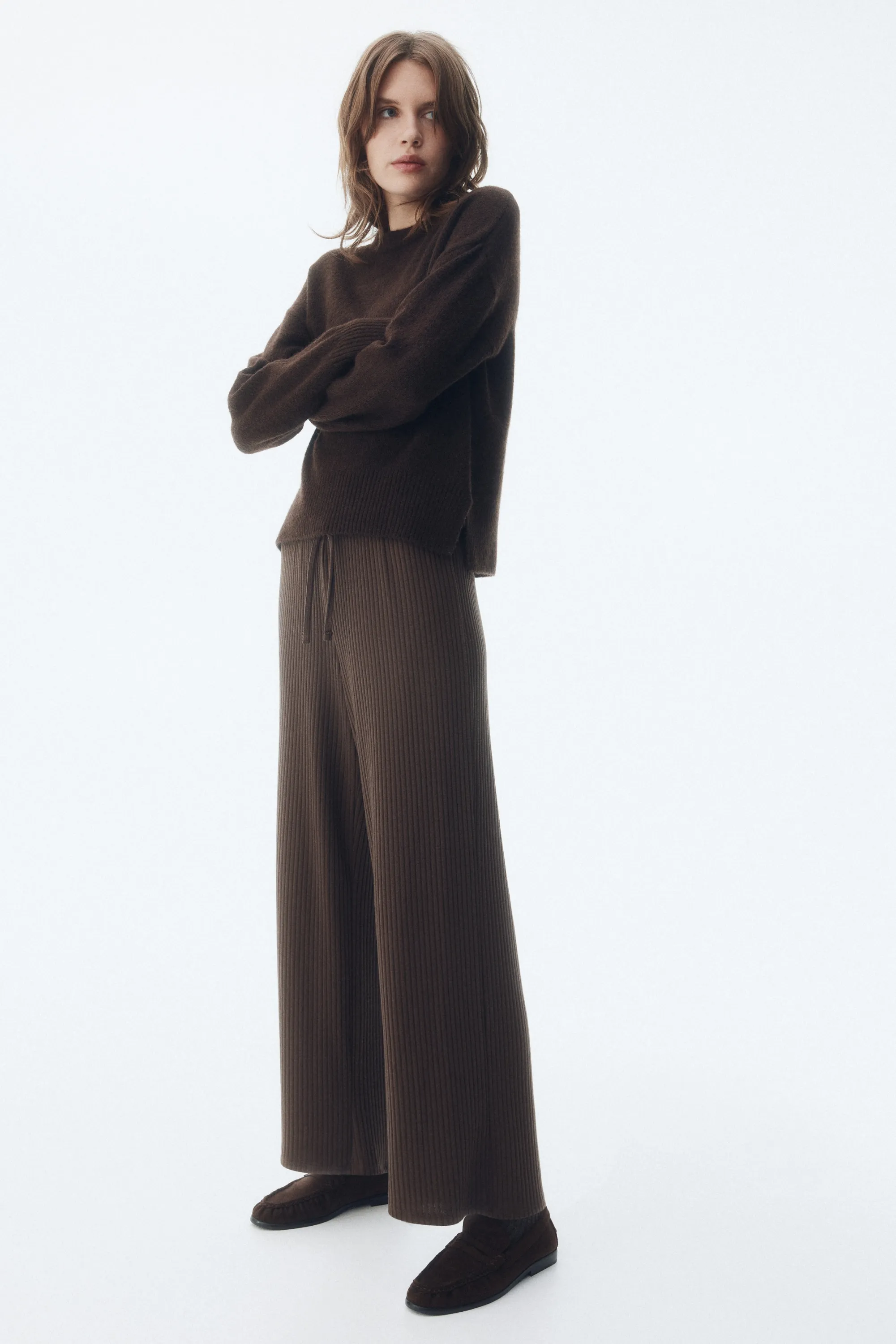 Pantalon large en maille côtelée - Marron