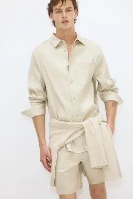 Short Easy-care Relaxed Fit en lin mélangé - Beige — photo 2