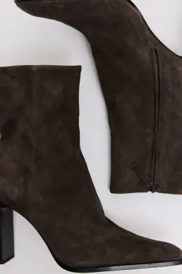 Bottines chaussettes à talon en cuir velours - Marron foncé — photo 1