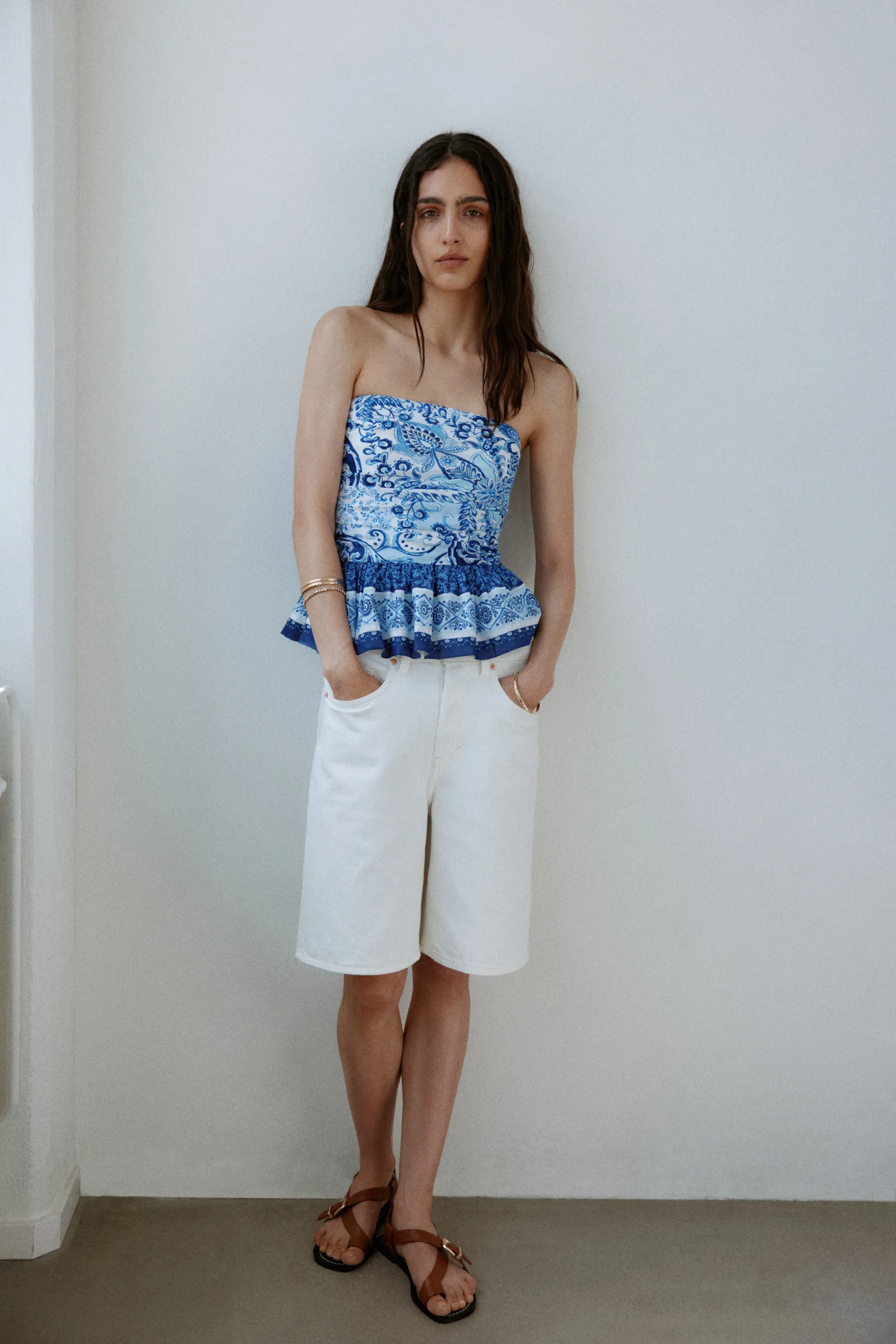 Top bandeau volanté - Bleu/motif cachemire