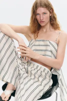 Pantalon à taille élastique avec double ceinture - Beige clair/rayé — photo 1