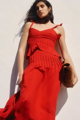 Jupe plissée en lin mélangé - Rouge vif — photo 1