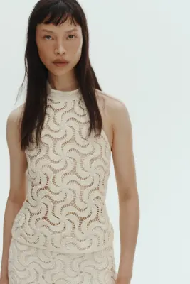 Top dos nu façon crochet avec perles fantaisie - Crème — photo 1