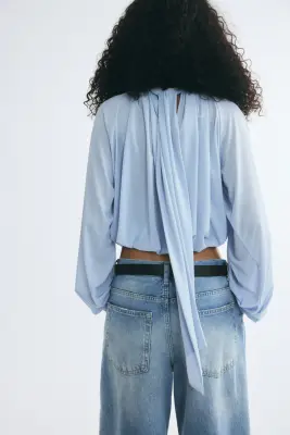 Blouse à effet drapé avec détail à nouer - Bleu clair — photo 3