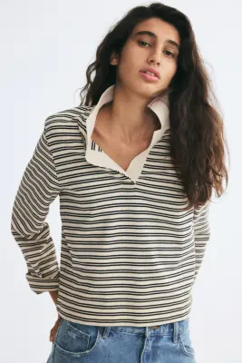 Polo en coton - Crème/rayures noires — photo 1