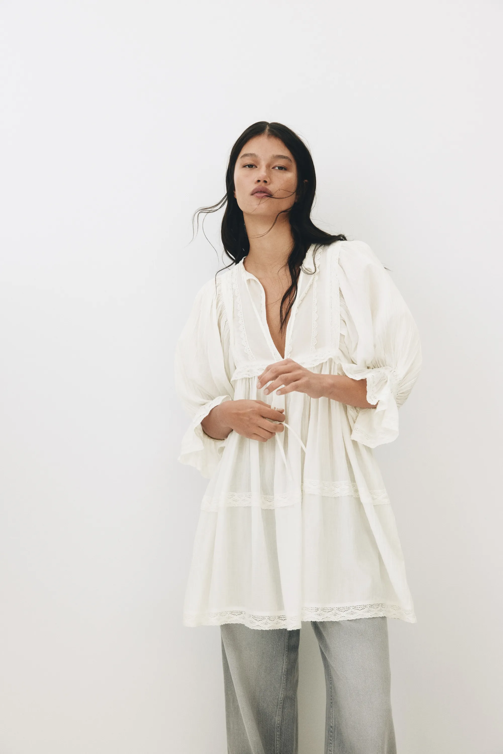 Robe en coton avec dentelle - Blanc