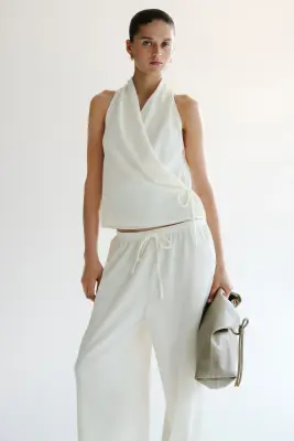 Pantalon texturé avec cordon de serrage - Crème — photo 1