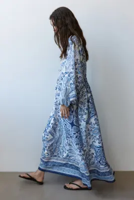 Robe tunique à manches ballon - Bleu/motif cachemire — photo 2