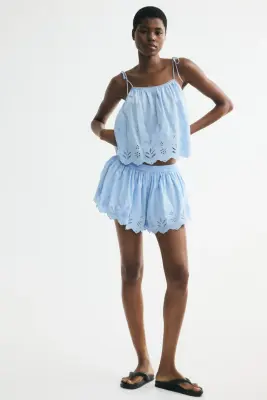 Top avec broderie anglaise et bretelles à nouer - Bleu clair — photo 2