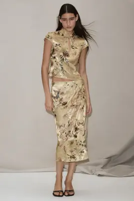 Top en tissu jacquard avec fente goutte d'eau - Jaune ancien clair/fleuri — photo 1