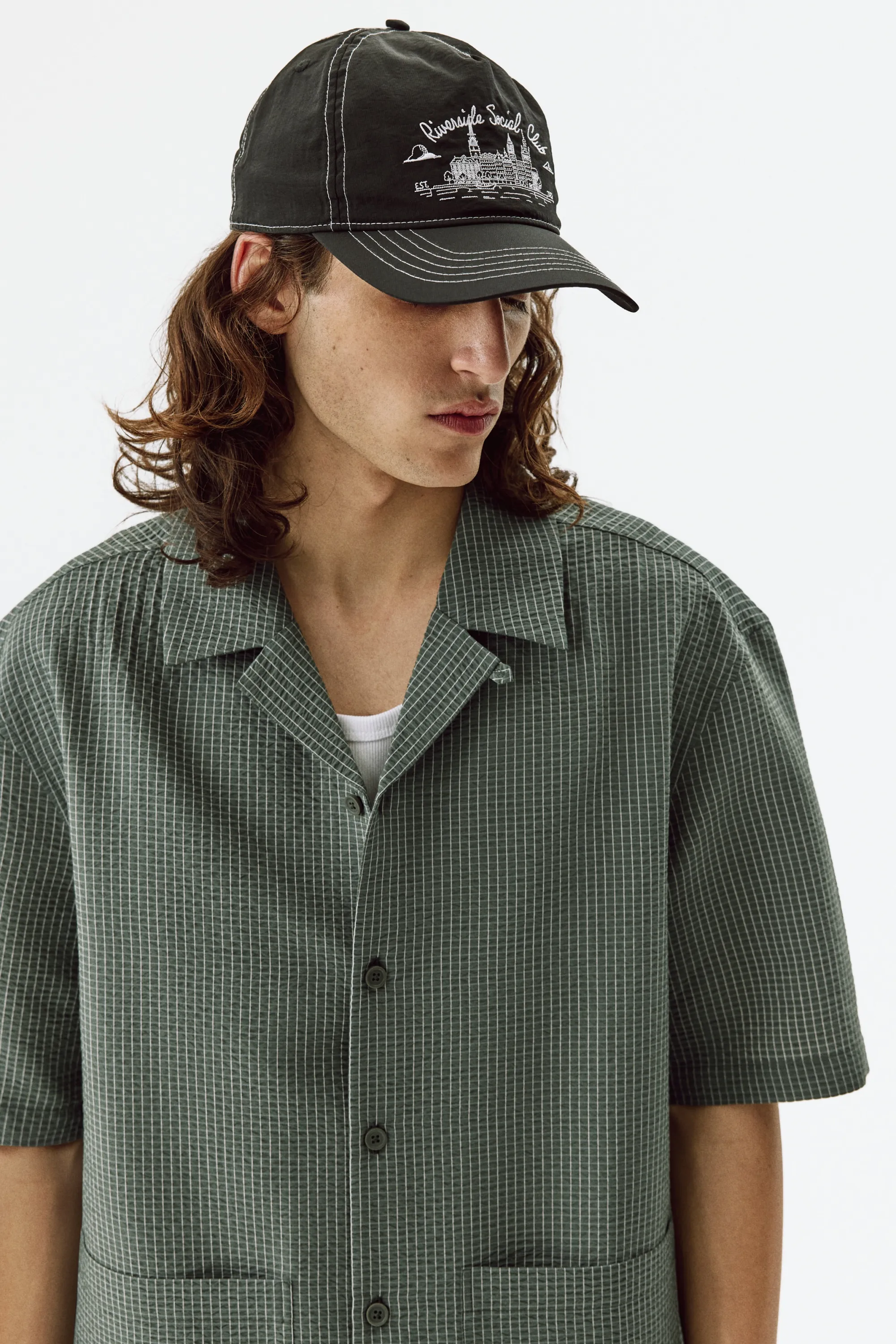 Chemise Relaxed Fit avec col cubain - Vert kaki/carreaux