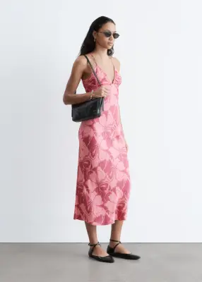 Robe combinaison midi en satin - Motif floral rose — photo 3