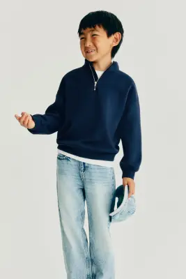 Sweat à l'intérieur brossé avec col zippé - Bleu marine — photo 2