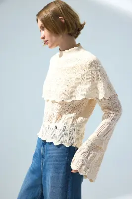 Top façon dentelle avec cape - Crème — photo 3