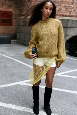 Pull oversize à manches ballon, mélange de mohair - Vert kaki cendré — photo 1