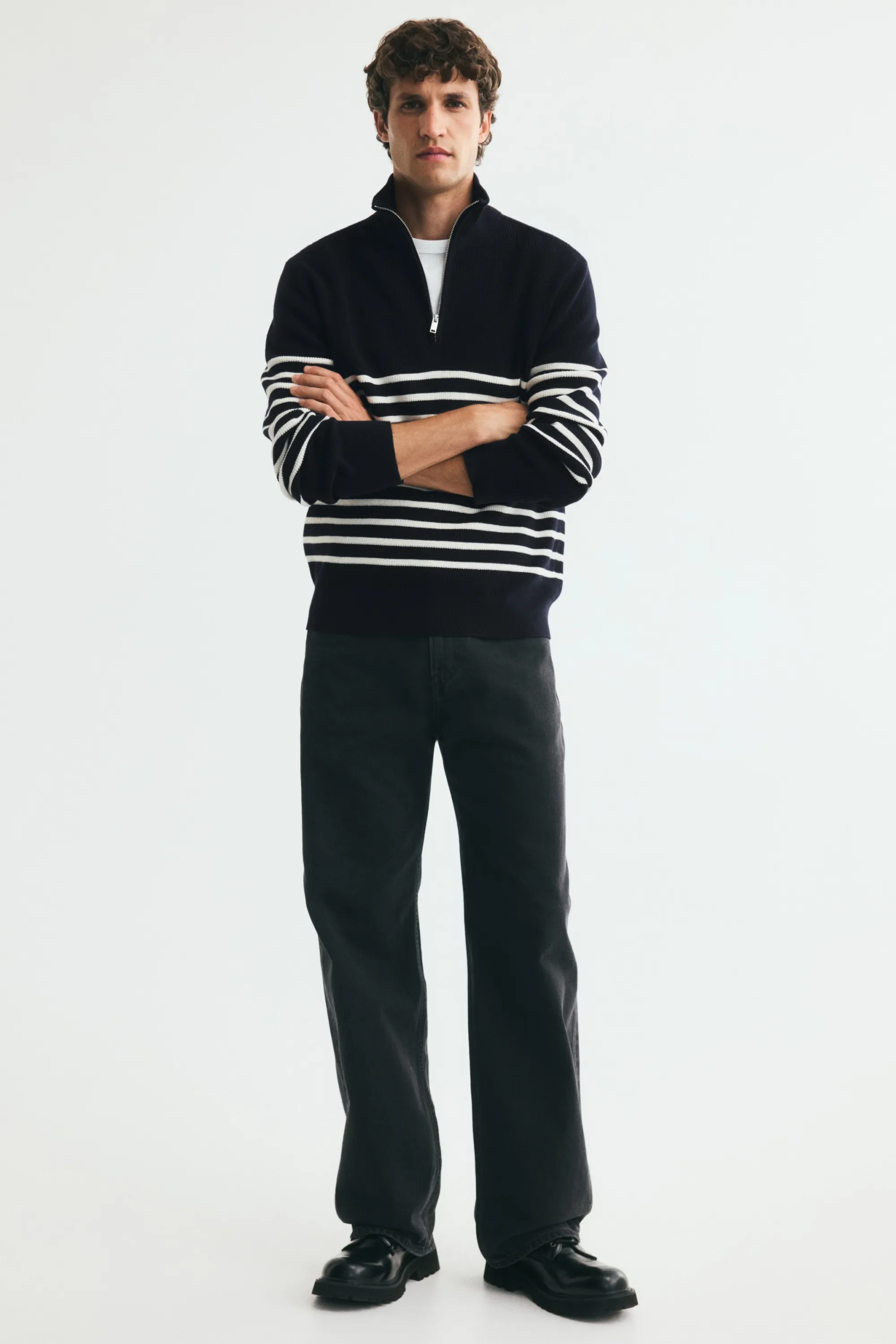 Pull Regular Fit avec col zippé - Bleu marine/rayé