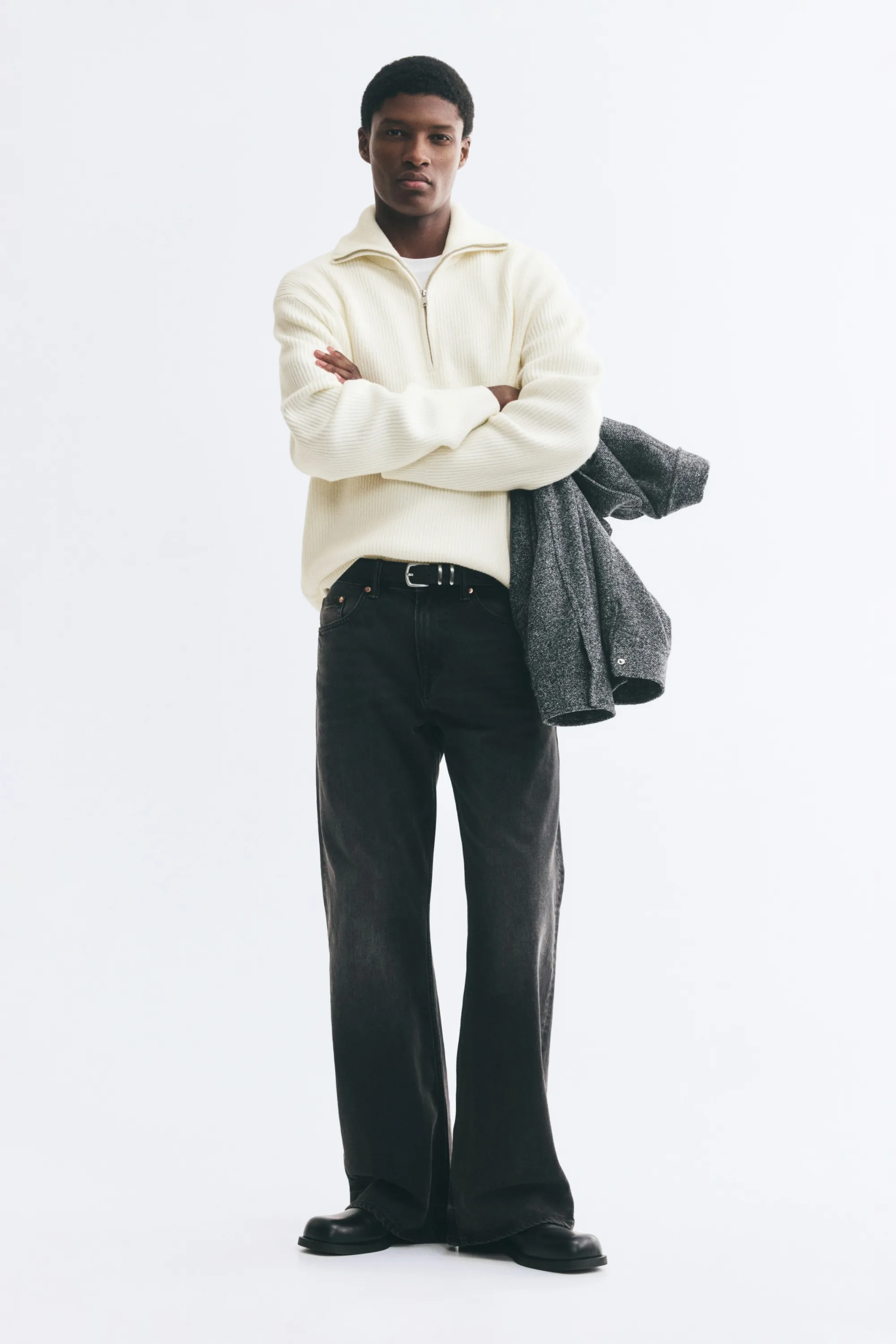 Pull à col zippé Relaxed Fit en maille côtelée - Crème