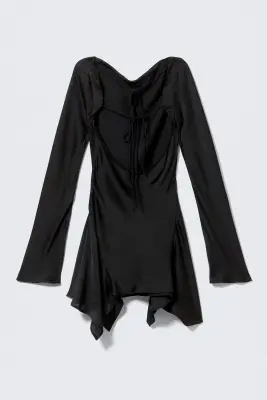 Mini-robe asymétrique en satin à manches longues - Noir — photo 4