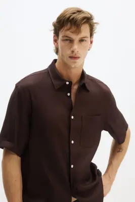 Chemise Easy-care Regular Fit en lin mélangé - Marron foncé — photo 1